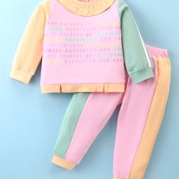 ToffyHouse 100% Cotton Knit Full Sleeves Color Block T-Shirt & Lounge Pants Set With Text Print - Light Pink-image-53