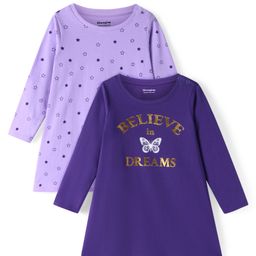 Honeyhap Premium 100% Cotton Knit Full Sleeves Nighties With Bio Finish Stars & Butterfly Print Pack Of 2 - Orchid Bouquet & Heliotrope-image-9