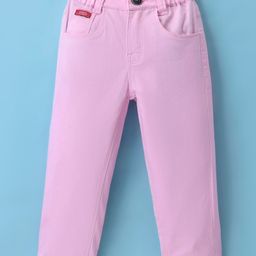 Olio Kids Cotton Woven Full Length Solid Colour Trousers - Pink-image-17