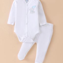 I Bears Cotton Interlock Knit Full Sleeves Teddy Printed Onesie with Bootie Legging - White-26