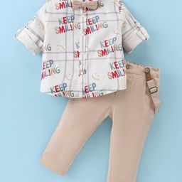 ToffyHouse Chambray Woven Full Sleeves Text Printed Party Shirt & Trouser With Bow & Suspender - Tan-image-78