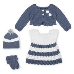 Windrop Solutions Wool Crocheted Colour Block Designed Frock Sweater With Full Sleeves Floral Pompom Detailed Shrug Cap & Booties - Grey-picture-30