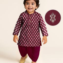 EARTHY TOUCH Single Jersey Knit Full Sleeves Kurta Dhoti Set with Foil Print - Maroon-image-107