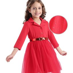 Hola Bonita Knit Full Sleeves In Mesh Fabric Knee Length Collared Dress - Red-image-67