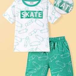 Honeyhap Premium 100% Premium Cotton Knit Half Sleeves Skate Printed Shorts Night Suit With Bio Finish- Bright White& Mint-image-93