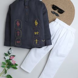 BAATCHEET Cotton Full Sleeves Warli Art Embroidered Kurta & Pant Set - Grey-image-29