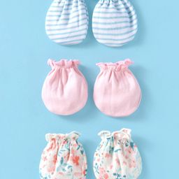 Ben Benny 100% Cotton Knit Mittens With Stripes & Floral Print Pack of 3 - White Pink & Light Blue-image-77