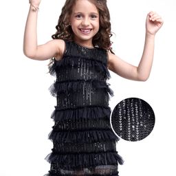 Hola Bonita Knit Sleeveless Party Wear Sequined Dress with Glitter & Mesh Frills - Black-image-96