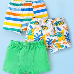 Babyhug 100% Cotton Single Jersey Knit Trunks With Striped & BearPrint Pack Of 3 - Green Yellow & White-image-81