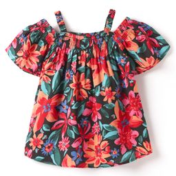 Kookie Kids Cotton Rayon Woven Half Cold Shoulder Sleeves Top with Floral Print - Black-image-49