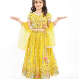 Babyhug Woven Half Sleeves Choli Lehenga Set And Dupatta With Sequin Floral Embroidery & Lace Detailing - Yellow-image-98