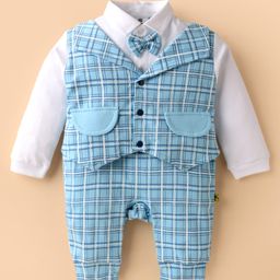 Mini Taurus Interlock Knit Full Sleeves Suit Style Checkered Romper - Aqua Blue-image-80