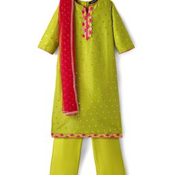 Pine Kids Woven Three Fourth Sleeves Kurta Palazzo Set with Dupatta Lace & Sequin Detailing - Green & Pink-image-65