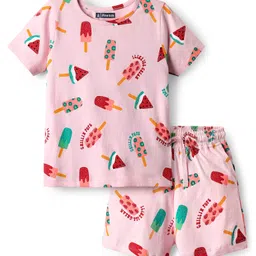 Pine Kids Single Jersey Knit Half Sleeves Shorts Co-Ord Night Suit With Fruit Print - Pink-picture-25