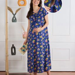 Bella Mama 100% Cotton Half Sleeves Floral Printed Concealed Zipper Nursing Nighty - Royal Blue-picture-24
