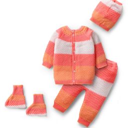 Babyhug Knitted Full Sleeves Striped Front Open Sweater Set with Color Block Design Booties & Cap - Orange-image-51