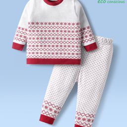 Babyoye Cotton Knit Full Sleeves Pullover Sweater & Pant Set with Aztec Design - White-picture-48