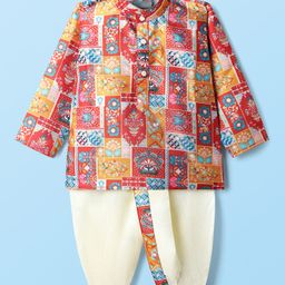Dapper Dudes Full Sleeves Floral Printed Kurta & Coordinating Dhoti Set - Red-picture-40