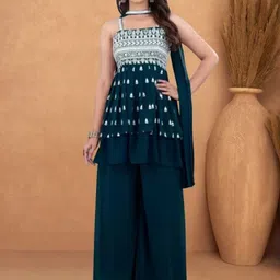 PARROT CREATION Floral Embroidered Georgette A-Line Kurti With Palazzos And Dupatta-22