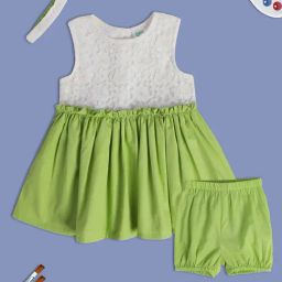 MINIKLUB Kids Green & White Self Design Dress, Bloomers with Hairband-image-68