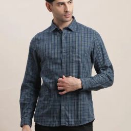 Turtle Blue Cotton Slim Fit Chequered Shirt-picture-13