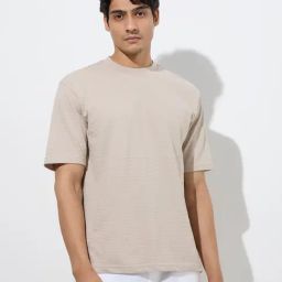 WES Lounge by Westside Beige Textured Relaxed-Fit Cotton-Blend T-Shirt-image-44