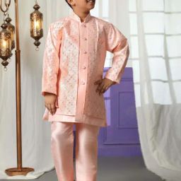 Pro-Ethic Style Developer Boys Pink Sequence Full Sleeves Self Design Indowestern Sets-image-47