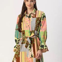 Moomaya Multicolor Cotton Floral Print Shirt Dress-image-22