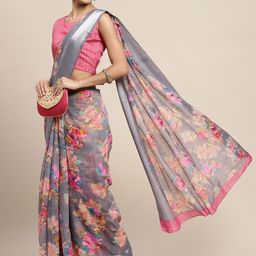 Anouk Rustic Floral Printed Zari Pure Linen Saree-58