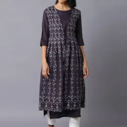 W Purple Cotton Woven Pattern A Line Kurta With Jacket-picture-0