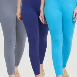 Gracit Grey & Blue Mid Rise Leggings - Pack Of 3-image-86