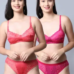 Gracit Pink & Peach Self Pattern Bra Panty Set - Pack Of 2-image-85