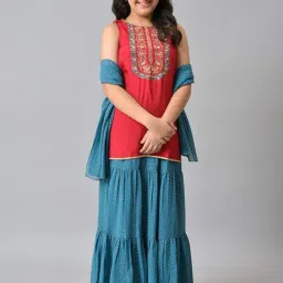 Aurelia Kids Red & Blue Embroidered Kurta, Skirt with Dupatta-6