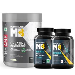MuscleBlaze Creatine Monohydrate CreAMP Unflavoured 250g & Omega 3 Fish Oil  & MB-VITE Daily Multivitamin 30 Tabs Combo-9