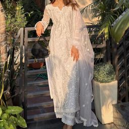 Bought First Floral Embroidered Notch Neck Straight Kurta With Trousers And Dupatta-image-6