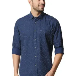 Basics Big Dipper Navy Cotton Slim Fit Printed Shirt-image-33