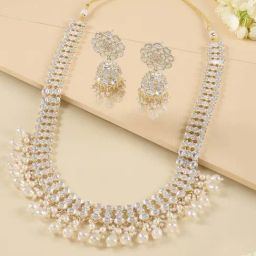 Zaveri Pearls Gold Tone Dazzling Kundan Cluster Beads Drop Bridal Necklace Earring Set for Women-image-78