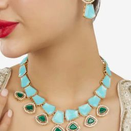 Zaveri Pearls Turquoise Blue Green Stones Dazzling Austrian Diamonds Necklace Earring Set for Women-image-32