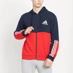 Adidas Blue Cotton Regular Fit Colour Block Hooded Jacket-image-37