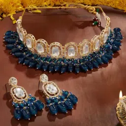 Zaveri Pearls Dark Peacock Green Beads Stones Austrian Diamonds Necklace & Earring Set for Women-image-76