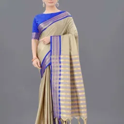 APNISHA Beige & Blue Woven Saree With Unstitched Blouse-image-2