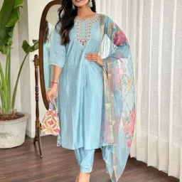Odette Blue Embroidered Kurta and Pant with Dupatta-image-18