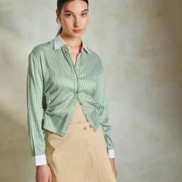 VIRGIO Green Cotton Stripes Long Sleeves Shirt-image-100