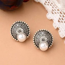 ToniQ White Circular Oxidized Stud Earrings-image-58