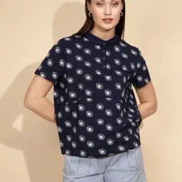 Global Republic Navy & White Floral Print Polo T-Shirt-image-94