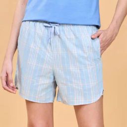 Enamor Sky Blue Cotton Chequered Lounge Shorts-picture-22