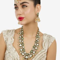 Zaveri Pearls Pink Green Beads Stones Meenakari Bridal Necklace Earring & Maangtikka Set for Women-image-55
