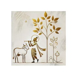 999Store Grey & Golden Canvas Krishna Playing The Flute Under A Tree Painting image 2