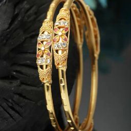 Zeneme Gold Plated CZ Studded Flower Bangles for Women & Girls Set of 2-43