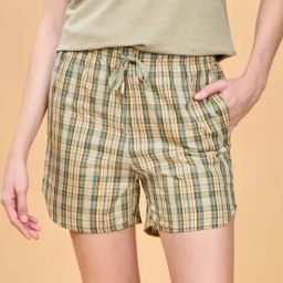 Enamor Elm Green Cotton Chequered Lounge Shorts-image-76